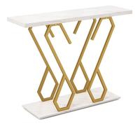 COSTWAY Table Console, Meuble d'Entrée Effet Marbre 100 x 30 x 79 CM Cadre en Métal Doré Design Géométrique Moderne