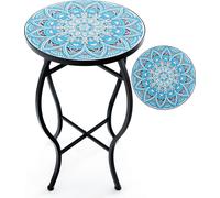 COSTWAY Table d'appoint ∅30x50cm, Table ronde en mosaïque, Table de jardin Bistro, en métal, céramique, bleu