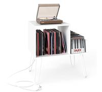 COSTWAY Table d'appoint, support pour tourne-disques avec station de charge, séparateurs & étagère latérale, table de chevet, support pour disques vinyles jusqu'à 145 albums, blanc