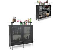 COSTWAY Table de Bar, Ilot Central Cuisine, Cadre en Métal, Pieds Réglables, Supports à Verres, Étagères, Repose-Pied en Métal, Mange Debout pour Cuisine, Bistrot (Noir)