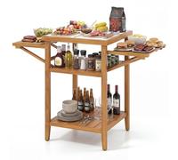 COSTWAY Table de Barbecue Extérieur en Bois d'Acacia, Desserte Plancha avec Plateau en Faux Marbre Panneaux Latéraux Rabattables 2 Étagères Ouvertes, pour Jardin Terrasse, 124,5 x 60 x 89,5 cm