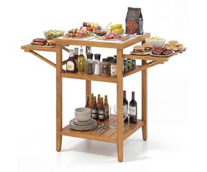 COSTWAY Table de Barbecue Extérieur en Bois d'Acacia, Desserte Plancha avec Plateau en Faux Marbre Panneaux Latéraux Rabattables 2 Étagères Ouvertes, pour Jardin Terrasse, 124,5 x 60 x 89,5 cm