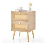 COSTWAY Table de Chevet en Rotin, Table de Nuit Bois avec 2 Tiroirs et 4 Pieds en Pin, Porte Cannage, Table d'appoint scandinave pour Salon, Chambre, Style Bohème, 40 x 40 x 59 cm (1, 40x40x59cm)