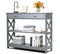 COSTWAY Table de Console à 3 Niveaux, Console Meuble avec Tiroir et 2 Étagères de Rangement de Motif en X, Console Entrée pour Couloir, Salon, Entrée, 100x30x80CM (Gris)