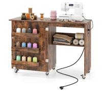 COSTWAY Table de Couture Pliante avec Multiprise -3 Bacs et 1 Etagère de Rangement pour Bobines - Salon, Bureau, Studio Marron