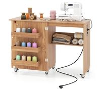 COSTWAY Table de Couture Pliante avec Multiprise -3 Bacs et 1 Etagère de Rangement pour Bobines - Salon, Bureau, Studio Naturel