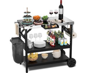 COSTWAY Table de grill avec 3 étagères, chariot de grill avec étagère réglable, support de téléphone, étagère à épices, porte-serviettes, porte-mouchoirs & crochets, chariot de service extérieur Table