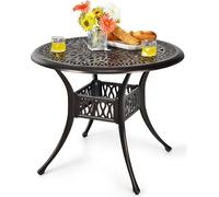 COSTWAY Table de jardin avec trou pour parasol, Ø90x72cm table ronde de balcon en fonte d'aluminium, table de terrasse résistante aux intempéries, aspect antique