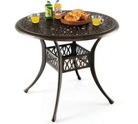 COSTWAY Table de jardin avec trou pour parasol, table ronde de balcon en fonte d'aluminium, table de terrasse résistante aux intempéries pour le jardin, aspect antique, 90 x 90 x 74 cm