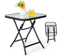 COSTWAY Table de Jardin Bistro Pliante 46,5x46,5x42 cm en Verre et Acier pour Intérieur Extérieur Patio Balcon Charge 25kg Noir