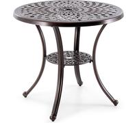 COSTWAY Table de jardin résistante aux intempéries jusqu'à 70kg, table de terrasse avec trou pour parasol et tablette inférieure, table de balcon en fonte d'aluminium φ79x71cm