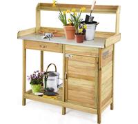 COSTWAY Table de jardinage, banc pour plantes de jardin avec armoire, étagère ouverte & 3 crochets de qualité, table de jardinier en bois de sapin, montage facile