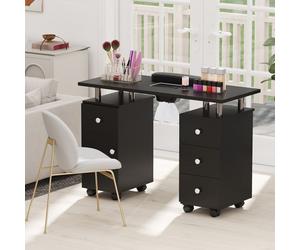 COSTWAY Table de Manucure Mobile avec Aspirateur - 3 Sacs à Poussière, Repose-Poignet, 4 Tiroirs 8 Roulettes Verrouillables Noir