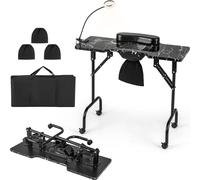 COSTWAY Table de manucure pliable avec collecteur de poussière électrique, bureau portable pour prothésiste ongulaire avec lampe LED Noir