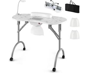 COSTWAY Table de manucure pliable avec collecteur de poussière électrique, table cosmétique portable avec lampe de table LED pliable, repose-poignet Blanc