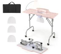 COSTWAY Table de manucure pliable, table à ongles avec collecteur de poussière électrique, lampe LED, repose-poignets & roulettes, table de manucure aspect marbre, rose