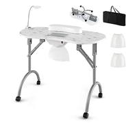 COSTWAY Table de Manucure Pliante avec Collecteur de Poussière Électrique, Bureau d’Esthéticienne avec Lampe LED Coussin pour Poignet Sac de Transport 4 Roues Verrouillables (Blanc,90 x 43 x 73 cm)