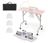 COSTWAY Table de Manucure Pliante avec Collecteur de Poussière Électrique, Bureau d’Esthéticienne avec Lampe LED Coussin pour Poignet Sac de Transport 4 Roues Verrouillables (Rose,90 x 40 x 77 cm)