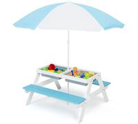COSTWAY Table de pique-nique 3 en 1 pour enfants, table de jardin avec parasol et bancs, ensemble de sièges pour enfants en bois avec plateau de table et 2 coffres de rangement, blanc + bleu