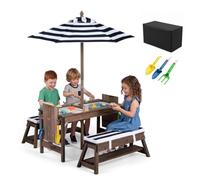COSTWAY Table de Pique-Nique Enfant en Bois avec Parasol Amovible (Bleu) | 2 Bancs avec Coussins, Plateaux Amovibles, Table Sensorielle avec 2 Bacs, Salon de Jardin Extérieur Intérieur pour 3 Ans+