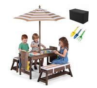COSTWAY Table de Pique-Nique Enfant en Bois avec Parasol Amovible (Marron) | 2 Bancs avec Coussins, Plateaux Amovibles, Table Sensorielle avec 2 Bacs, Salon de Jardin Extérieur Intérieur pour 3 Ans+