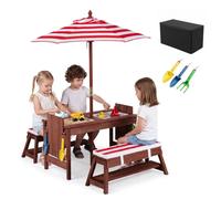 COSTWAY Table de Pique-Nique Enfant en Bois avec Parasol Amovible (Rouge) | 2 Bancs avec Coussins, Plateaux Amovibles, Table Sensorielle avec 2 Bacs, Salon de Jardin Extérieur Intérieur pour 3 Ans+