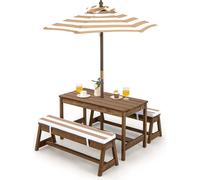 COSTWAY Table de pique-nique pour enfants avec bancs, coussins et parasol, ensemble de sièges en bois pour enfants, meubles de jardin pour petits enfants, ensemble de sièges pour enfants pour jardin, 