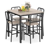 COSTWAY Table de Salle à Manger avec 4 Chaises, Table Haute Cuisine et 4 Tabouret Bar avec Dossiers Inclinés, Cadre en Métal, Mange Debout pour 4 Personnes, Style Rustique, pour Cuisine, Salon