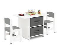 COSTWAY Table d'enfant avec 2 chaises, 3 PIÈCES. Ensemble de sièges pour enfants en bois avec 2 paniers amovibles & large plateau de table, table d'activité Meubles pour enfants
