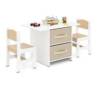 COSTWAY Table d'enfant avec 2 chaises, 3 PIÈCES. Ensemble de sièges pour enfants en bois avec 2 paniers amovibles & large plateau de table, table d'activité table de peinture avec espace de rangement