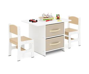 COSTWAY Table d'enfant avec 2 chaises, 3 PIÈCES. Ensemble de sièges pour enfants en bois avec 2 paniers amovibles & large plateau de table, table d'activité table de peinture avec espace de rangement