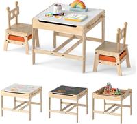 COSTWAY Table d'enfant avec 2 chaises, table de peinture 4 en 1 avec tableau double face & 2 tiroirs en tissu, 3 TLG. Ensemble de sièges en bois pour enfants, table de bricolage pour enfants