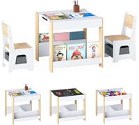 COSTWAY Table d'enfant avec 2 chaises, table d'enfant en bois avec plateau de table, étagères et boîtes de rangement, table de peinture pour enfants à partir de 3 ans, Nature+Blanc