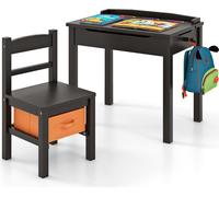 COSTWAY Table d'enfant avec chaise, bureau en bois avec plateau, tiroir et crochet, table d'activité pour enfants de plus de 3 ans, marron
