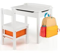 COSTWAY Table d'enfant avec chaise, bureau en bois massif avec plateau rabattable, tiroir et crochet, table d'activité pour enfants de 3 ans et plus, avec rangement (blanc)