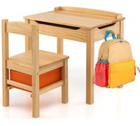 COSTWAY Table d'enfant avec chaise, bureau en bois massif avec plateau rabattable, tiroir et crochet, table d'activité pour enfants de 3 ans et plus, avec système de rangement (Nature)