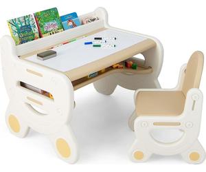COSTWAY Table d'enfant avec plateau réglable en hauteur et en inclinaison, table d'enfant avec tabouret, pour dessiner, apprendre, jouer et manger, pour enfants à partir de 3 ans (Marron)