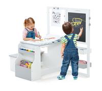 COSTWAY Table Enfant 4 en 1 avec Tabouret, Table 2 Face Blanc & Noir, Rouleau de Papier -11 Accessoires - Multi Rangement, Gris