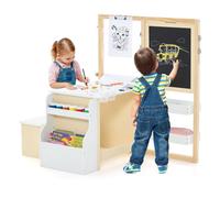 COSTWAY Table Enfant 4 en 1 avec Tabouret, Table 2 Face Blanc & Noir, Rouleau de Papier -11 Accessoires - Multi Rangement, Blanc