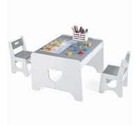 COSTWAY Table Enfant avec 2 Chaises & 2 Tiroirs, Gris | Plateau Spacieux et Découpe Ourson, Bureau pour Dessiner Jouer, Table d'Activité Montessori pour 3-6 Ans