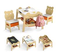 COSTWAY Table Enfant avec Chaise, Table et 2 Chaises Enfant avec Tableau Noir et Blanc, 3 Bacs en Tissu et 4 Crochets, Espace Caché, Petit Bureau en Bois, Charge 50kg pour 3-10 Ans (Naturel,Style 2)