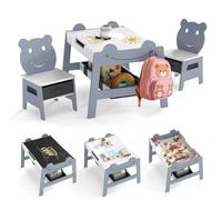 COSTWAY Table Enfant avec Chaise, Table et 2 Chaises Enfant avec Tableau Noir et Blanc, 3 Bacs en Tissu et 4 Crochets, Espace Caché, Petit Bureau en Bois, Charge 50kg pour 3-10 Ans (Gris,Style 2)