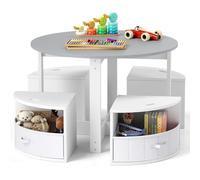 COSTWAY Table Enfant Ronde avec 4 Chaises Empilables, Table d’Activité en Bois avec 4 Tiroirs en Tissu Pliable, Bureau Montessori pour Salle de Jeux Chambre d'enfant, Charge 50/90 pour 3 Ans+ (Gris)
