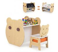 COSTWAY Table et chaise 3 en 1 pour enfants, ensemble de salon pour enfants avec crochets, tiroir en tissu, espace de rangement, tableau noir et tableau blanc, table de dessin pour enfants à partir de