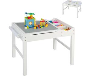 COSTWAY Table pour enfants 2 en 1 avec plateau réversible, table de jeu en pin avec espace de rangement, barre latérale & rouleau de papier, table d'activités Lego pour enfants de 3 ans et plus (Blanc