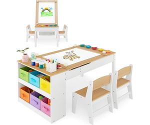 COSTWAY Table pour enfants 3 en 1, table d'activités & chevalet en bois avec plateau de table relevable, groupe de sièges pour enfants à partir de 3 ans (Natural)
