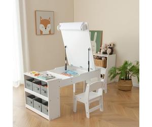 COSTWAY Table pour enfants 3 en 1, table d'activités & chevalet en bois avec plateau relevable, groupe de sièges pour enfants à partir de 3 ans (Blanc)