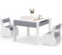 COSTWAY Table pour enfants avec 2 chaises, Ensemble de 3 pièces en bois avec plateau réversible et amovible, Table à dessin pour enfants avec espace de rangement Gris clair
