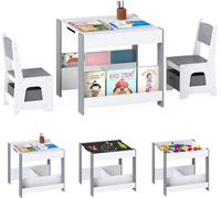 COSTWAY Table pour enfants avec 2 chaises, Ensemble de sièges en bois pour enfants avec plateau de table, étagères à livres & boîtes de rangement, Table à dessin pour enfants à partir de 3 ans, Gris c