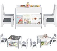 COSTWAY Table pour enfants avec 2 chaises, Ensemble de sièges pour enfants en bois avec plateau de table, étagère à livres & boîtes, Table à dessin pour enfants avec espace de rangement pour enfants à